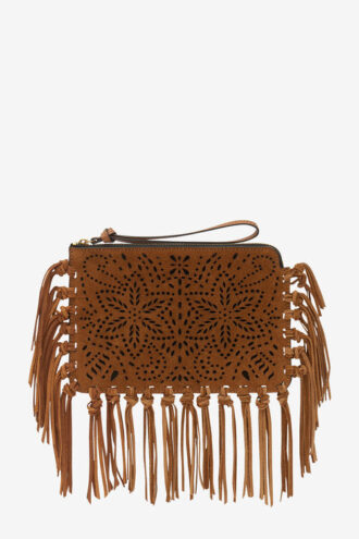 Pochette plate en cuir à franges