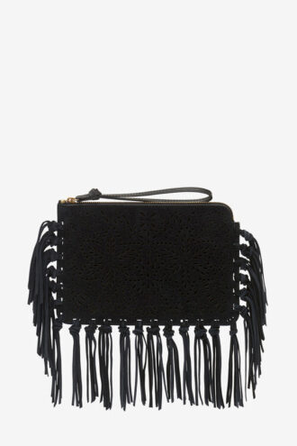 Pochette plate en cuir à franges