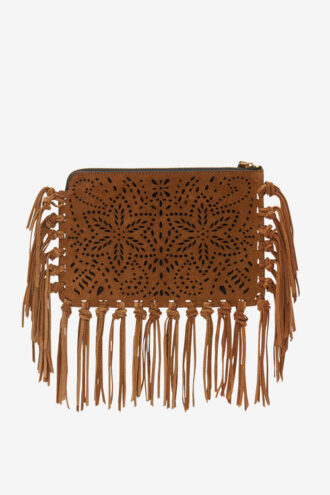 Pochette plate en cuir à franges
