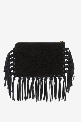Pochette plate en cuir à franges