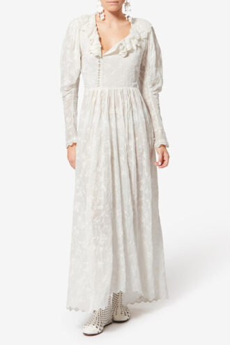 Robe longue en coton et soie à fleurs